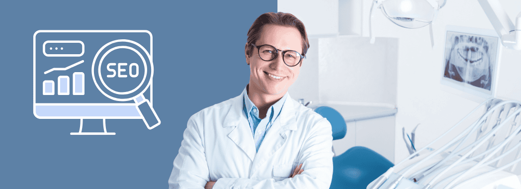 Marketing odontoiatrico per piani di cura complessi: un dentista sorridente accanto a un'icona che rappresenta la SEO per dentisti.