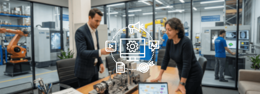 Un ingegnere e un consulente Daimon Art analizzano un macchinario industriale complesso, traducendo le specifiche tecniche in una struttura logica per l'acquisizione lead SEO.